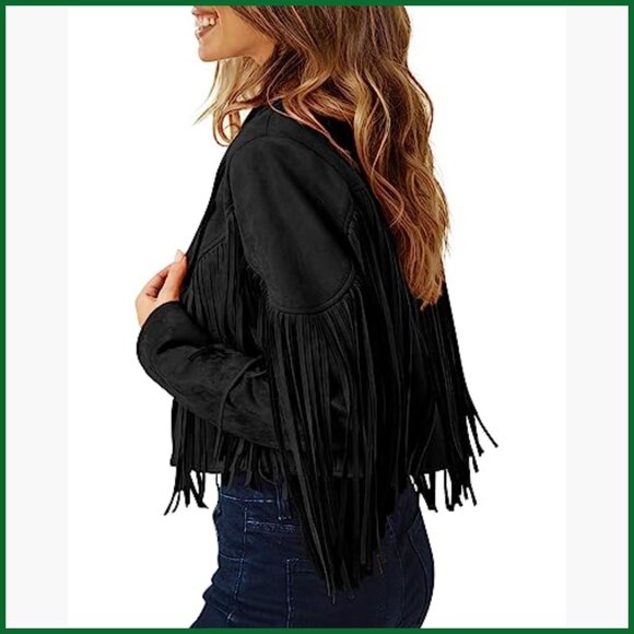 Faux Suede Fringe Motorcycle Jacket Cropped Coat Slim Fit - Picture 5 of 7